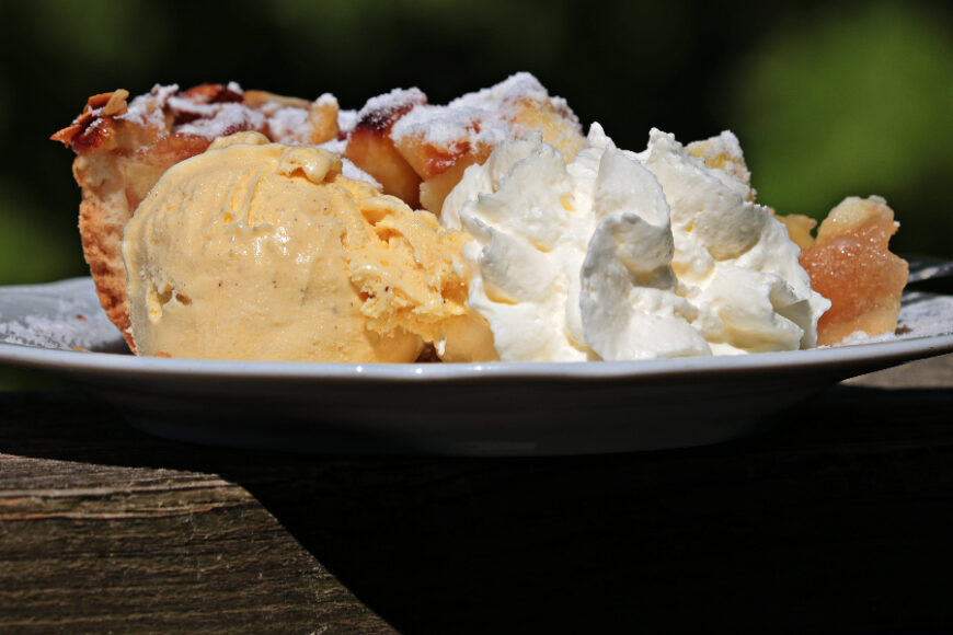 vanilla ice cream, apple pie, and whipped cream
