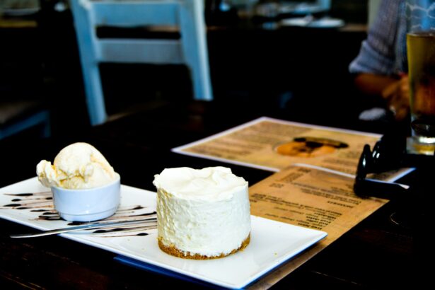 Cheesecake and ice cream on a plate
