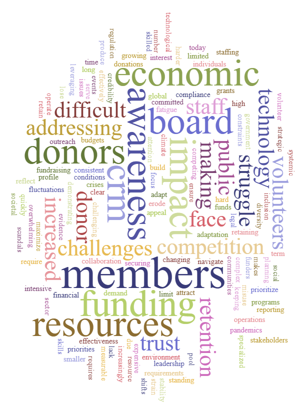 A colorful word cloud illustrating various challenges encountered by nonprofits. Prominent words include 'funding,' 'resources,' 'awareness,' 'impact,' 'members,' 'donors,' 'board,' 'technology,' and 'volunteers.' Other notable words include 'retention,' 'trust,' 'CRM,' 'economic,' 'competition,' 'public,' and 'struggle.' The arrangement emphasizes the interconnected issues of funding stability, resource management, stakeholder engagement, and organizational impact in the nonprofit sector.