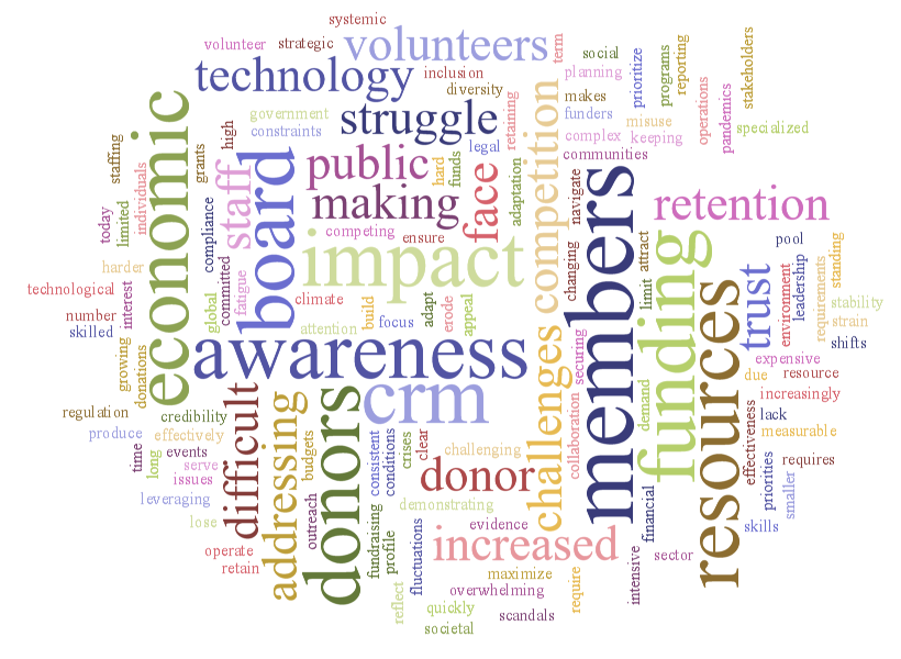 A colorful word cloud illustrating various challenges encountered by nonprofits. Prominent words include 'funding,' 'resources,' 'awareness,' 'impact,' 'members,' 'donors,' 'board,' 'technology,' and 'volunteers.' Other notable words include 'retention,' 'trust,' 'CRM,' 'economic,' 'competition,' 'public,' and 'struggle.' The arrangement emphasizes the interconnected issues of funding stability, resource management, stakeholder engagement, and organizational impact in the nonprofit sector.