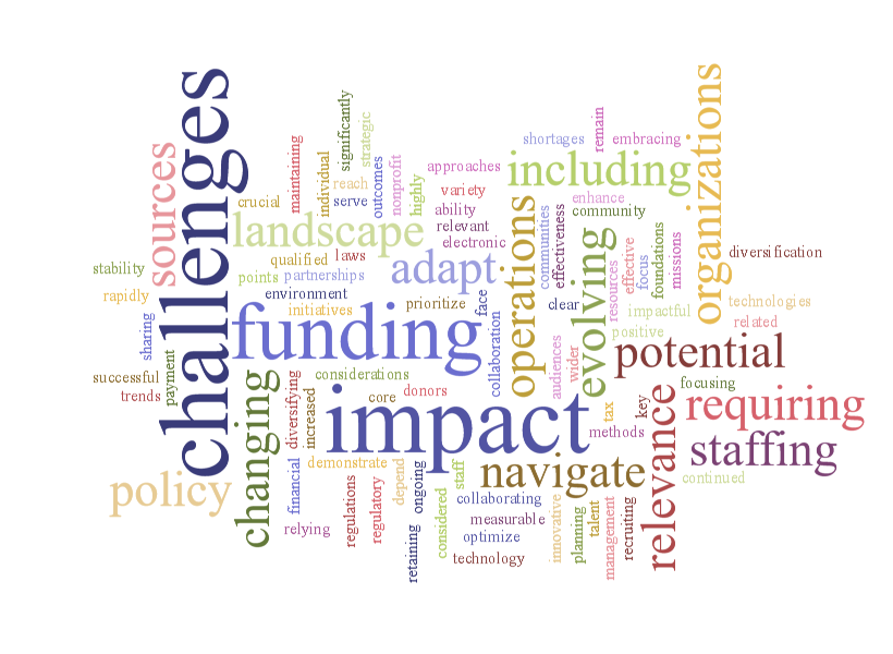 The image is a word cloud with prominent words such as "challenges," "funding," "impact," "operations," "relevance," "navigate," "evolving," "organizations," and "staffing." These words are visually arranged in varying sizes, indicating their significance or frequency. The word cloud reflects themes related to nonprofit organizations, focusing on challenges, funding diversification, evolving landscapes, and strategic operations.