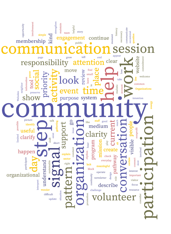 Word cloud highlighting common themes in community organizations such as participation, communication, volunteers, signals, and organizational activity.