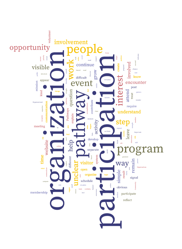 Word cloud illustrating participation pathways in nonprofit organizations, showing concepts such as participation, programs, involvement, opportunity, and how people move from interest to engagement.